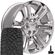 OE Wheels CV99 22x9 6x139.7 Chrome Wheels 285-45-22 Sailun TerraMax RT Tires TPMS SET