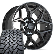 4PLAY 4P06 20x9 5x127 + 5x139.7 Gloss Black Brushed with Tinted Clear Wheels 275-55-20 TBB TS-37 AT Tires SET