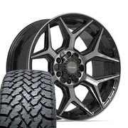 Set(4) 20x9 4P06 Gloss Black Brushed with Tinted Clear - 6x135 &amp; 6x139.7 +0ET with 275/55r20 TBB TS-37 AT Tires