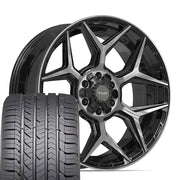 22" 4PLAY Wheels fit GM-Ford-Lincoln-Nissan-Toyota - 4P06 Gloss Black Brushed with Tinted Clear 22x9, Goodyear Tires Set