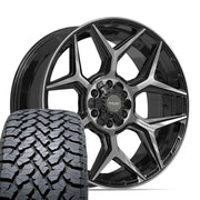 22" 4PLAY Wheels fit GM-Ford-Lincoln-Nissan-Toyota - 4P06 Gloss Black Brushed with Tinted Clear 22x9, TBB Tires Set