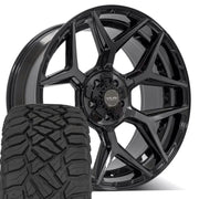 Set(5) 22x10 4P06 Gloss Black Brushed with Tinted Clear - 5x127 &amp; 5x139.7 -18ET with 33x12.50r22 Sailun TerraMax RT Tires