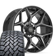 Set(4) 22x10 4P06 Gloss Black Brushed with Tinted Clear - 5x127 &amp; 5x139.7 -18ET with 285/45r22 TBB TS-37 AT Tires