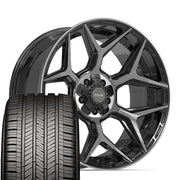 Set(5) 22x10 4P06 Gloss Black Brushed with Tinted Clear - 5x127 &amp; 5x139.7 -18ET with 285/45r22 Goodyear Eagle Touring Tires