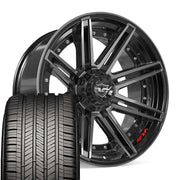 Set(4) 22x10 4P08 Gloss Black Brushed with Tinted Clear - 6x135 &amp; 6x139.7 -18ET with 285/45r22 Goodyear Eagle Touring Tires