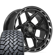 22" 4PLAY Wheels fit GM-Ford-Lincoln-Nissan-Toyota - 4P55 Gloss Black Brushed with Tinted Clear 22x10, TBB Tires Set