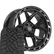 Set(4) 22x10 4P55 Gloss Black Brushed with Tinted Clear - 5x127 &amp; 5x139.7 -18ET with 285/45r22 Sailun TerraMax RT Tires