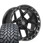 Set(4) 22x10 4P55 Gloss Black Brushed with Tinted Clear - 6x135 &amp; 6x139.7 -18ET with 285/45r22 TBB TS-37 AT Tires