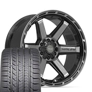 22" 4PLAY Wheels fit Ram-Dodge-Jeep-GM-Ford - 4P63 Gloss Black Brushed with Tinted Clear 22x10, Goodyear Tires Set