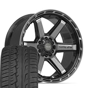 22" 4PLAY Wheels fit Ram-Dodge-Jeep-GM-Ford - 4P63 Gloss Black Brushed with Tinted Clear 22x10, Ironman Tires Set
