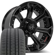 22" 4PLAY Wheels fit Ram-Dodge-Jeep-GM-Ford - 4P70 Gloss Black Brushed with Tinted Clear 22x10, Bridgestone Tires Set