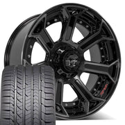 22" 4PLAY Wheels fit Ram-Dodge-Jeep-GM-Ford - 4P70 Gloss Black Brushed with Tinted Clear 22x10, Goodyear Tires Set