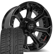 22" 4PLAY Wheels fit Ram-Dodge-Jeep-GM-Ford - 4P70 Gloss Black Brushed with Tinted Clear 22x10, Ironman Tires Set