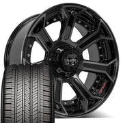 22" 4PLAY Wheels fit Ram-Dodge-Jeep-GM-Ford - 4P70 Gloss Black Brushed with Tinted Clear 22x10, Goodyear Tires Set