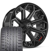 Set(4) 22x10 4P80R Gloss Black Brushed with Tinted Clear - 6x135 &amp; 6x139.7 -18ET with 285/45r22 Goodyear Eagle Sport Tires