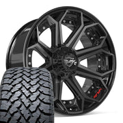 Set(4) 22x10 4P80R Gloss Black Brushed with Tinted Clear - 6x135 &amp; 6x139.7 -18ET with 285/45r22 TBB TS-37 AT Tires