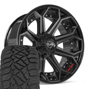 Set(4) 22x10 4P80R Gloss Black Brushed with Tinted Clear - 6x135 &amp; 6x139.7 -18ET with 33x12.50r22 Sailun TerraMax RT Tires
