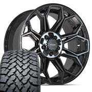 4PLAY 4P83 20x9 5x127 + 5x139.7 Gloss Black Brushed with Tinted Clear Wheels 275-55-20 TBB TS-37 AT Tires SET