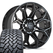 4PLAY 4P83 20x9 6x135 + 6x139.7 Gloss Black Brushed with Tinted Clear Wheels 275-55-20 TBB TS-37 AT Tires SET