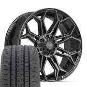 22" 4PLAY Wheels fit GM-Ford-Lincoln-Nissan-Toyota - 4P83 Gloss Black Brushed with Tinted Clear 22x9, Bridgestone Tires Set