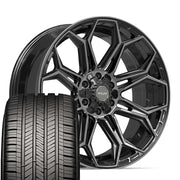 22" 4PLAY Wheels fit GM-Ford-Lincoln-Nissan-Toyota - 4P83 Gloss Black Brushed with Tinted Clear 22x9, Goodyear Tires Set