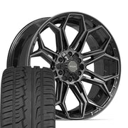 22" 4PLAY Wheels fit GM-Ford-Lincoln-Nissan-Toyota - 4P83 Gloss Black Brushed with Tinted Clear 22x9, Ironman Tires Set