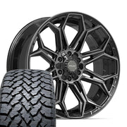 22" 4PLAY Wheels fit GM-Ford-Lincoln-Nissan-Toyota - 4P83 Gloss Black Brushed with Tinted Clear 22x9, TBB Tires Set