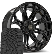 Set(5) 22x10 4P83 Gloss Black Brushed with Tinted Clear - 5x127 &amp; 5x139.7 -18ET with 33x12.50r22 Sailun TerraMax RT Tires