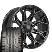 Set(5) 22x10 4P83 Gloss Black Brushed with Tinted Clear - 5x127 &amp; 5x139.7 -18ET with 285/45r22 Goodyear Eagle Touring Tires