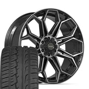 24" 4PLAY Wheels fit GM-Ford-Lincoln-Nissan-Toyota - 4P83 Gloss Black Brushed with Tinted Clear 24x10, Ironman Tires Set