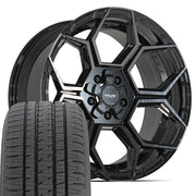 20" 4PLAY Wheels fit Ram-Dodge-Jeep-GM-Ford - 4PS26 Gloss Black Brushed with Tinted Clear 20x9, Bridgestone Tires Set