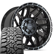 Set(4) 17x9 4PS28 Gloss Black Brushed with Tinted Clear - 5x127 &amp; 5x139.7 -6ET with 33x12.50r17 TBB TS-57 RT Tires