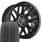 20" 4PLAY Wheels fit Ram-Dodge-Jeep-GM-Ford - 4PS28 Gloss Black Brushed with Tinted Clear 20x9, Bridgestone Tires Set