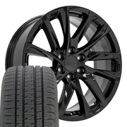 OE Wheels CA90 22x9 6x139.7 Gloss Black Wheels 285-45-22 Bridgestone Dueler Alenza HL Tires SET