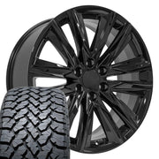 Set(4) 22x9 CA91 Gloss Black - 6x139.7 +28ET with 285/45r22 TBB TS-37 AT Tires