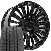 22" Replica Wheels fit Cadillac Escalade - CA92 Gloss Black 22x9, Bridgestone Tires Set