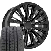 Set(4) 22x9 CA93 Gloss Black - 6x139.7 +28ET with 285/45r22 Bridgestone Dueler Alenza HL Tires