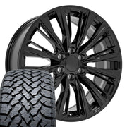 Set(4) 22x9 CA93 Gloss Black - 6x139.7 +28ET with 285/45r22 TBB TS-37 AT Tires