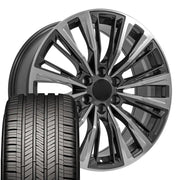 22" Replica Wheels fit Cadillac Escalade - CA93 Gloss Gunmetal with Polished Face 22x9, Goodyear Tires Set