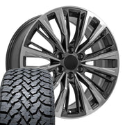 Set(4) 22x9 CA93 Gloss Gunmetal with Polished Face - 6x139.7 +28ET with 285/45r22 TBB TS-37 AT Tires