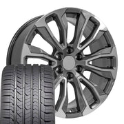 Set(4) 22x9 CV30 Gloss Gunmetal Machined - 6x139.7 +28ET with 285/45r22 Goodyear Eagle Sport Tires