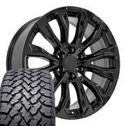 Set(4) 22x9 CV30 Gloss Black - 6x139.7 +28ET with 285/45r22 TBB TS-37 AT Tires