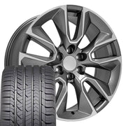 22" Replica Wheels fit Chevrolet Silverado 1500 - CV32 Gloss Gunmetal Machined 22x9, Goodyear Tires Set