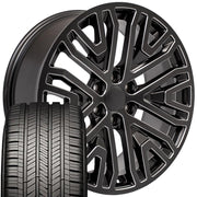 22" Replica Wheels fit GMC Sierra 1500 - CV37 Satin Black with Milled Edge 22x9, Goodyear Tires Set