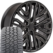 22" Replica Wheels fit GMC Sierra 1500 - CV37 Satin Black with Milled Edge 22x9, Sailun Tires Set