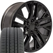 OE Wheels CV38 22x9 6x139.7 Gloss Black Wheels 285-45-22 Bridgestone Dueler Alenza HL Tires SET