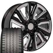 22" Replica Wheels fit GMC Sierra 1500 - CV39 Gloss Black with Chrome Insert 22x9, Goodyear Tires Set