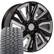 22" Replica Wheels fit GMC Sierra 1500 - CV39 Gloss Black with Chrome Insert 22x9, Sailun Tires Set