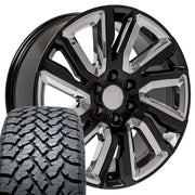 Set(4) 22x9 CV39 Gloss Black with Chrome Insert - 6x139.7 +28ET with 285/45r22 TBB TS-37 AT Tires