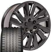 22" Replica Wheels fit GMC Sierra 1500 - CV39 Satin Black with Gloss Black Insert 22x9, Goodyear Tires Set